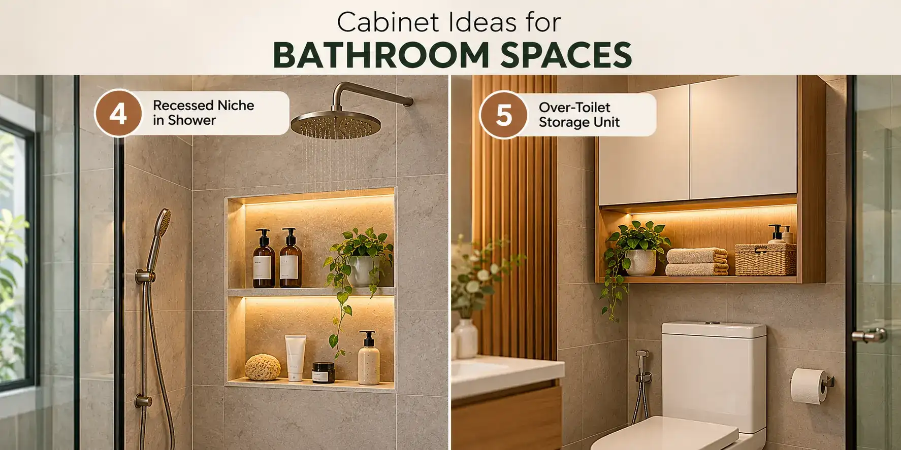 Bathroom cabinet ideas with recessed shower niche and over-toilet storage unit
