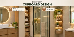 Bathroom cupboard design with tall vertical storage cabinet and corner storage unit