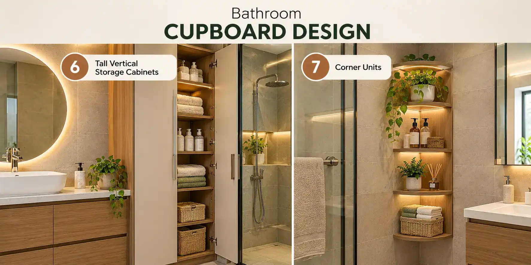 Bathroom cupboard design with tall vertical storage cabinet and corner storage unit