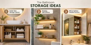 Bathroom storage ideas for Coimbatore homes with under-sink cabinet, floating shelves and mirror cabinet