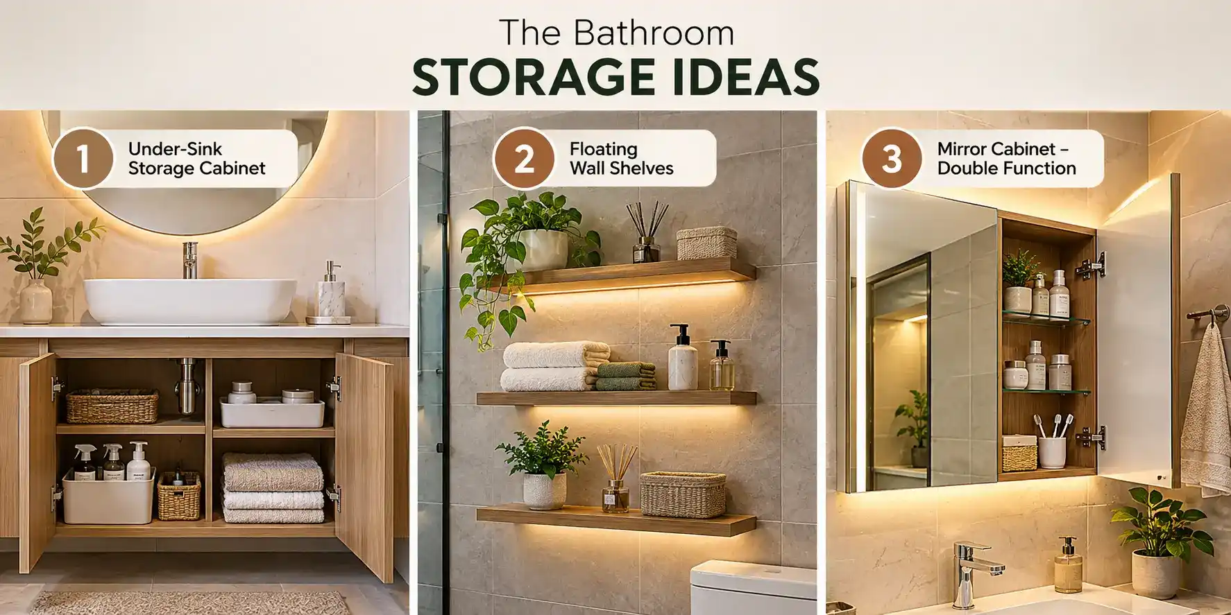 Bathroom storage ideas for Coimbatore homes with under-sink cabinet, floating shelves and mirror cabinet