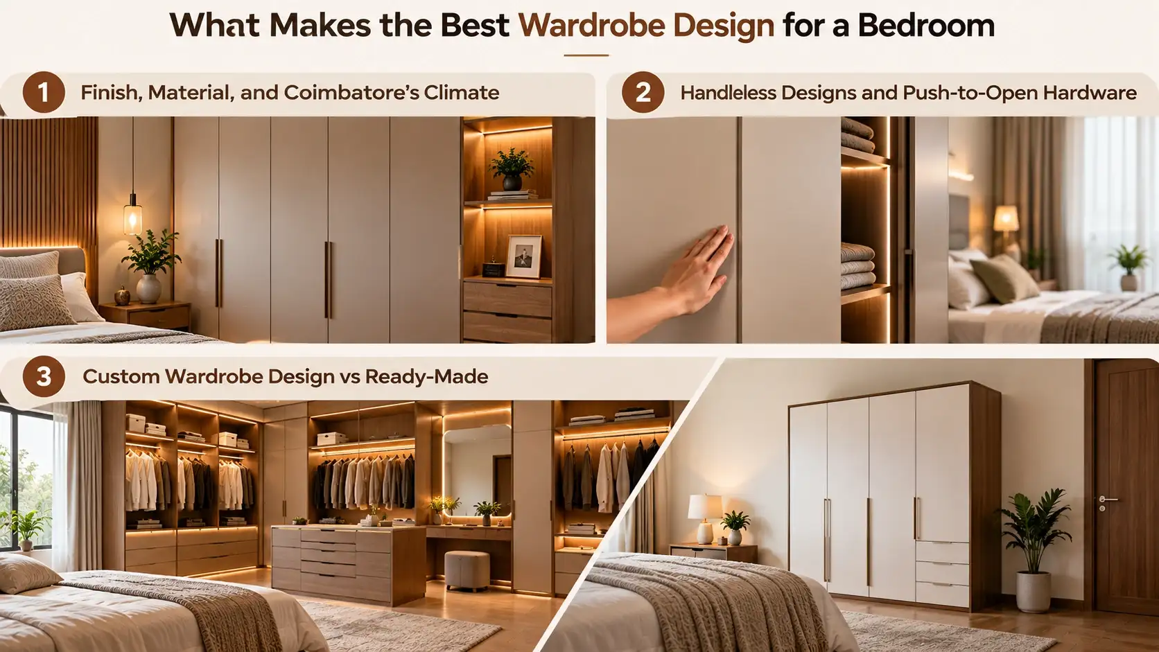 Best wardrobe design for a bedroom featuring durable finishes, handleless wardrobes, custom wardrobe design, and ready-made options