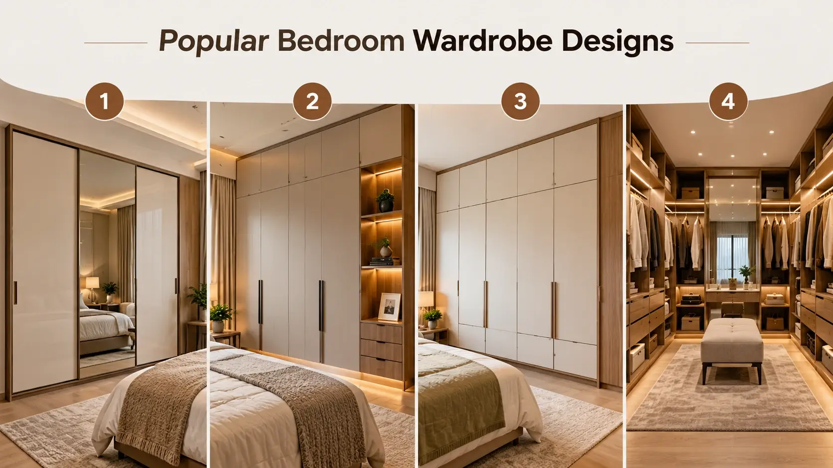 Popular bedroom wardrobe designs including sliding door, floor-to-ceiling, wall wardrobe, and walk-in wardrobe designs