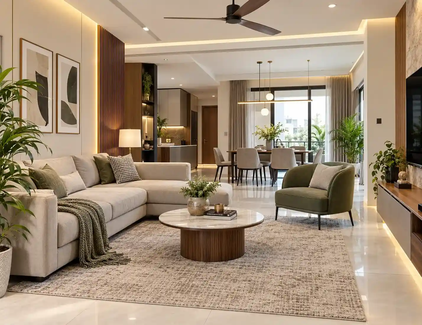 Modern living room and dining area designed by interior designers in Coimbatore