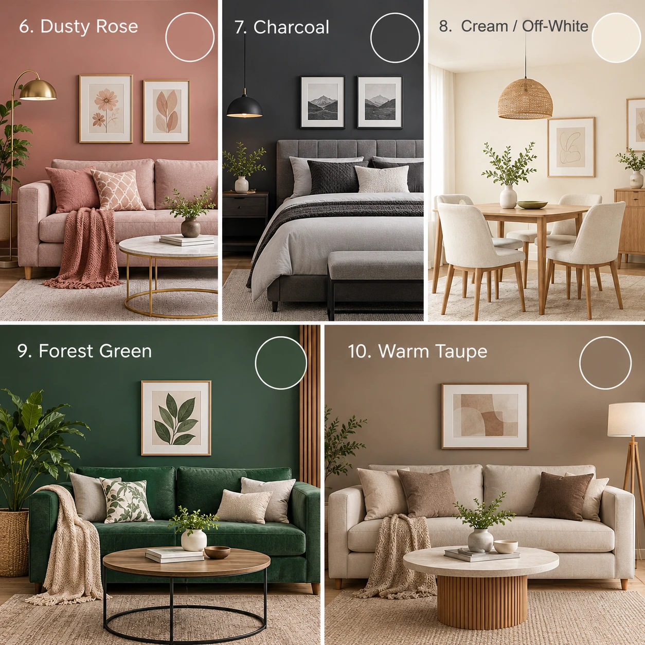 Interior colour palette ideas for a living room with green, beige, and neutral shades