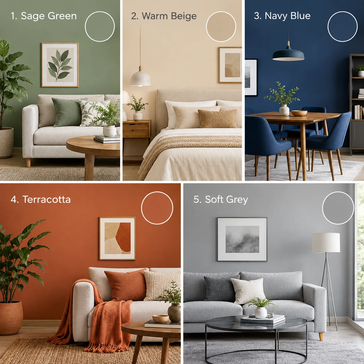 Modern interior colour palette mood board with green, terracotta, beige, and neutral shades